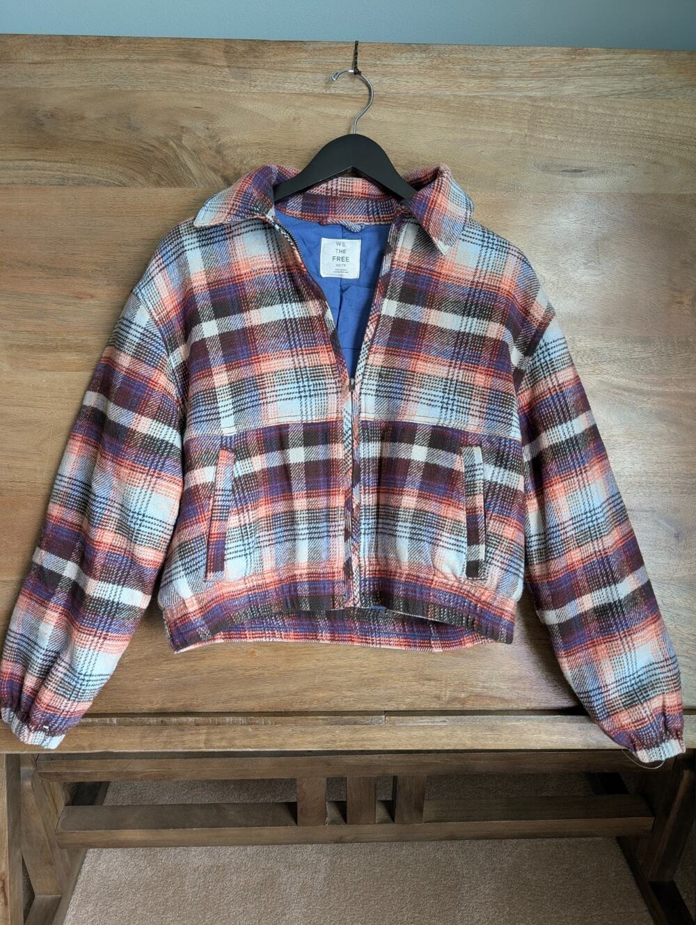 NWT Free People Birdie Flannel Track Jacket Womens XS Meadow Blue Plaid Full Zip